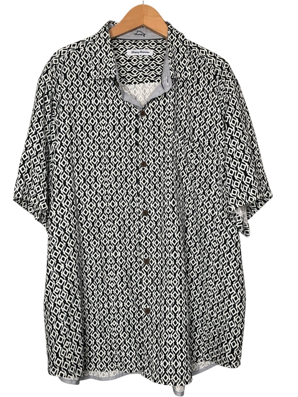 Tommy Bahama Silk Shirt Short Sleeve Button Front Diamonds Black Cream Men’s XL